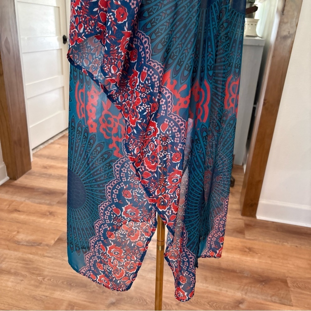 Women's Large Sheer Long Kimono Teal Blue Orange Boho Overlay Casual Flowy Top - Picture 3 of 7